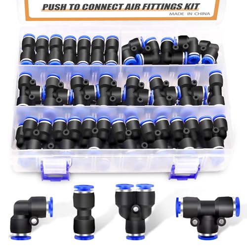 mankk 60PCS 1/4”OD Push to Connect Fittings Air Hose Fittings Quick Release Pneumatic Kit (15 Spliters,15 Elbows,15 Tee,15 Straight) for Air Line 1/4" Tube