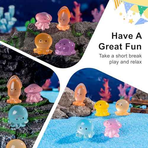 60 pcs Mini Resin 6 Styles Ocotopus Tiny Luminous Animals Figures Miniature Little Small Animal Figurines Bulk for Micro Fairy Garden Landscape Accessories Hide Crafts Decor Aquarium - color: Octopus-60p
