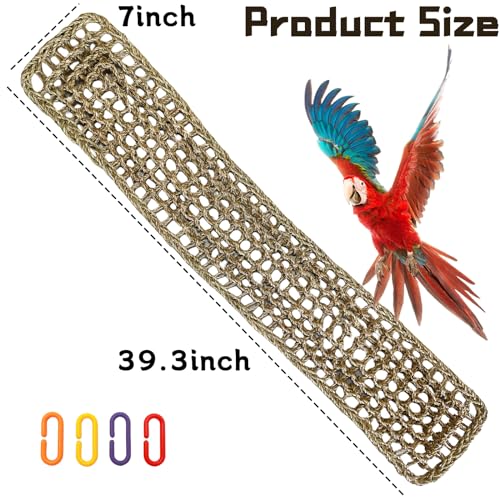 Bird Seagrass Mat 39.4×7" Natural Grass Woven Net Hammock Hanging on Parrot Cage with Hooks Parakeet Climbing Rope Ladder Chew Toys for Lovebird Cockatiel Conure Budgie Cockatoo Supplies - size: 39.4×7''