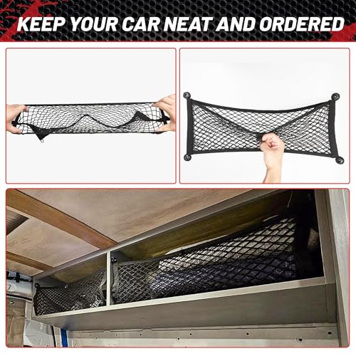 RED WOLF 2 Pcs Universal Cargo Net Pocket Elastic Mesh Netting Car Mesh Pouch for Trunk RV Boats Home Cargo Storage Mesh with Screws and Hooks (25.6'' x 9.8'') - size: 25.6'' x 9.8''