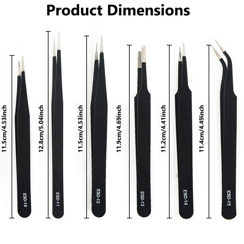 Precision Tweezers Set, 6 Piece ESD Anti Static Stainless Steel Tweezers for Repair, Soldering, Jewelry Making, Craft, Laboratory, Fine Tip Tweezers for PCB, Phone, Watch, Small Parts