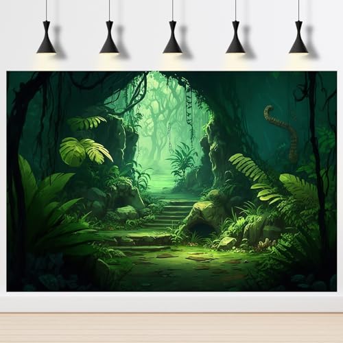 Cartoon Jungle Cave Aquarium Background Green Prehistoric Tropical Leaves Fish Tank Background Small Path Misty Rainforest Reptile Tank Backgrounds Foggy Cave Reptile Enclosure Backgrounds 24x12in - color: Bright Green, size: 24(W)x12(H)inches/ 60(W)*30cm