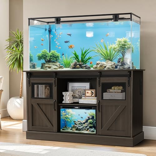 Fish Tank Stand with Power Outlet, Aquarium Stand w/Sliding Barn Doors, 55-75 Gallon Fish Tank Stand w/Cabinet for Accessories Storage for 2 Fish Turtle Tank Reptile Terrarium, 1000 LBS (Gray) - color: Gray
