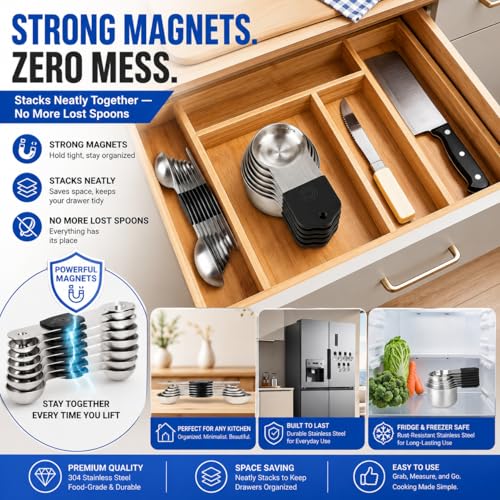 Magnetic Measuring Cups and Spoons Set, Strong N52 Magnets, Heavy Duty 304 Stainless Steel Fits in Spice Jars for Baking & Cooking, BPA Free, Round Set of 15 with Leveler Black - color: 7Pcs Measuring Cups & 8Pcs Spoons Set of 15(Black)