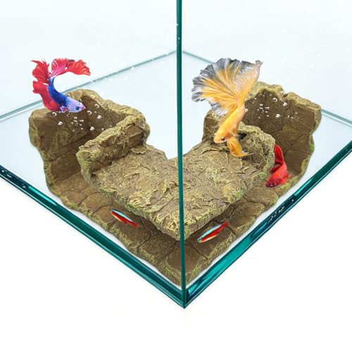 Aquarium Cave Fish Hideout for Betta & Shrimp, Rock-Texture Corner Tunnel for Fish Tank, Small Aquarium Hideout Decor for Betta, Corydoras, Loaches & Shrimp