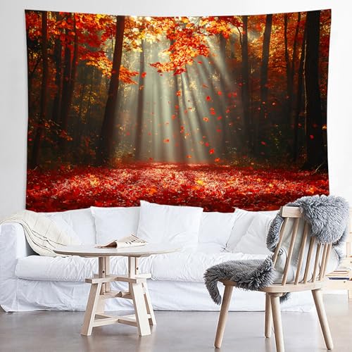 WODEJIA Autumn Forest Tapestry, Red Maple Leaves Fall Landscape Wall Hanging, Sunlight Through Trees Nature Tapestry for Bedroom Living Room Dorm Decor, Art Home Decoration Gift（79"x59"inches） - color: Autumn Leaf Forest, size: 79"L x 59"W