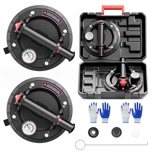 SPECILITE 8" Heavy Duty Glass Suction Cups 2 Pack with Pressure Gauge for Lifting Large Tile, Marble, Windows, 880 lbs Load Capacity, Industrial Vacuum Lifter with Handle, Carrying Case, Gloves, Black - color: Black
