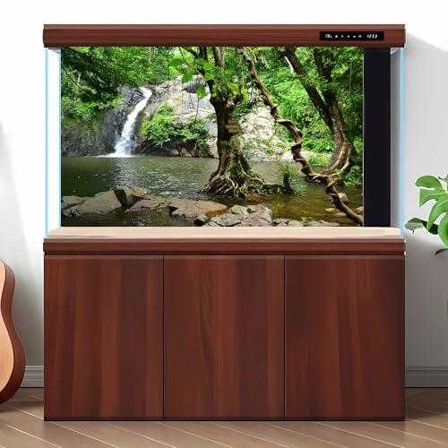 Waterfall Aquarium Background Jungle Forest Lake Stream Natural Landscape Terrarium Backgrounds Tropical Plants Rocks Fish Tank Background Jungle Trees Garden Style Reptile Tank Backgrounds 24x12in - color: Light Brown_Green, size: 24(W)x12(H)inches/ 60(W