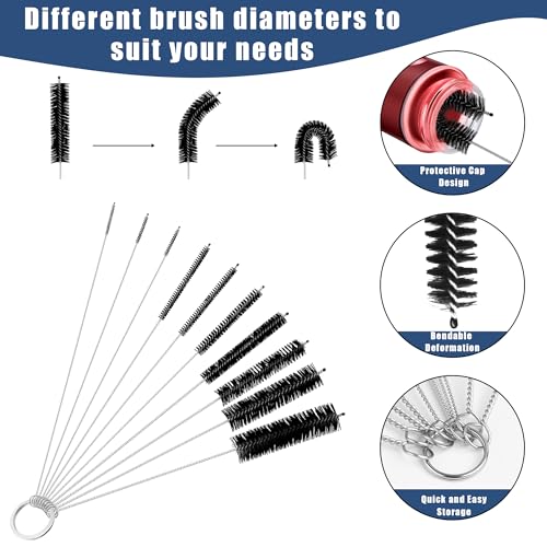 12Pcs Glass Tube Pipe Cleaners Brush Kit,Long Nylon Straw Brush for Glass Funnel and Bottle,17-inch Long Handle,8.2-in Different Diameters Brushes,35-in Flexible Double-Ended Hose Tool (Blue)