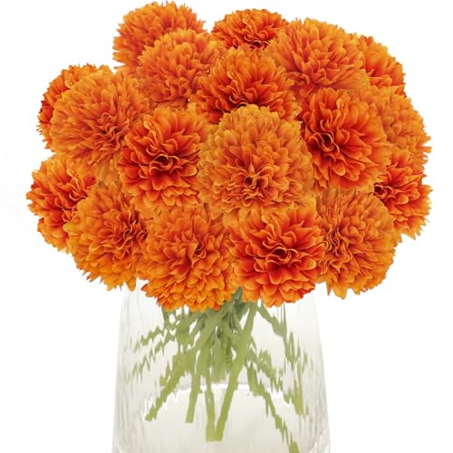 Kimura's Cabin 20Pcs Orange Chrysanthemums Artificial Flowers Silk Faux Mums with Stem Balls Flowers for Halloween Thanksgiving DIY Bouquets Arrangement Home Table Centerpieces Decor Vase Fillers - color: Orange Yellow