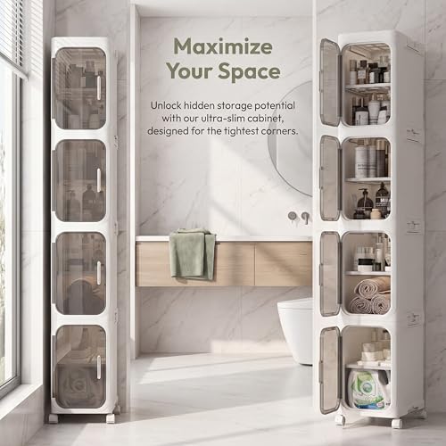 KHNR 2-Tiers Slim Bathroom Storage Cabinet,Narrow Bathroom Storage,Foldable Storage Cabinets,Movable Bathroom Storage Organizer for Small Spaces,Bathroom,White - color: White, size: 2-Tiers