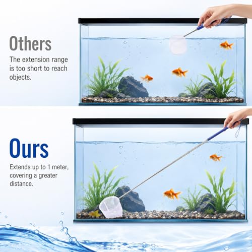Aquarium Fish Net, Aquarium Shrimp Net 4 Inch Small Fish Tank Shrimp Net with 8.6" to 39" Long Extendable Stainless Steel Handle Round Fine Mesh Aquarium Debris Cleaning Tools
