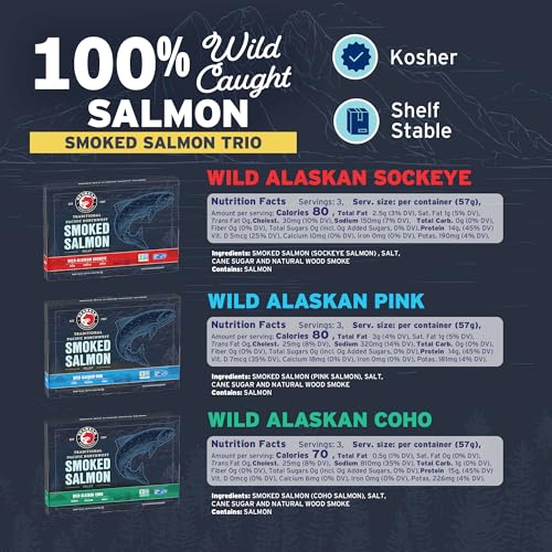 SeaBear Smoked Salmon Trio 18oz (Pack of 4) Fillets Gift Box – Wild Alaska Sockeye, Wild Pink & Coho Fillets, Shelf Stable, Ready to Eat, 18 Ounce (3 x 6 Ounce) Pack of 4, Filets - size: 18 Ounce (Pack of 4)