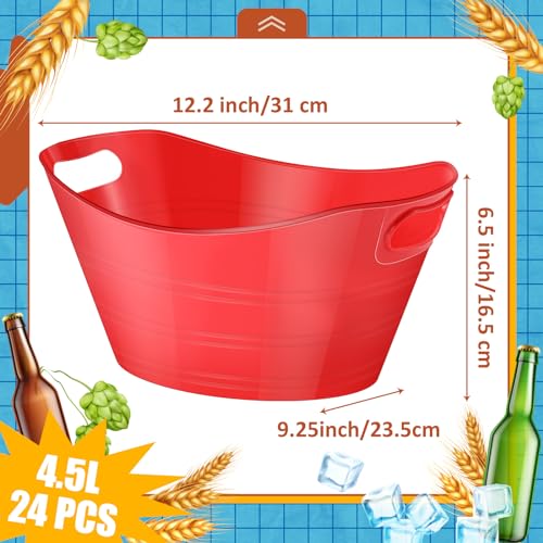 Norme 24 Pcs Oval Storage Tub with Handles, 4.5l Plastic Ice Buckets Bulk for Wine Beer Champagne Drink Cooler Beverage Storage Tub for Parties BBQ Weddings Party Outdoor Celebration(Red) - color: Red