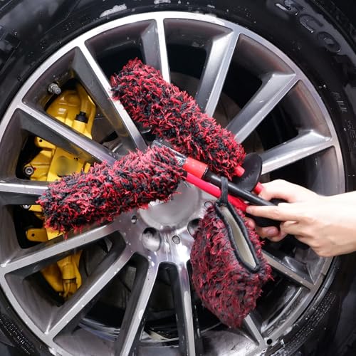 oesee Metal Free Microfiber Wheel Brush Kit- Microfiber Angled Wheel Brush, Long Handle Wheel Brush, Tire& Detailing Brush, Wheel Wash Mitt. Hands-On Wheel Detailing Kit for Daily Wheel Cleaning - color: 5 Pack (Red & Black)