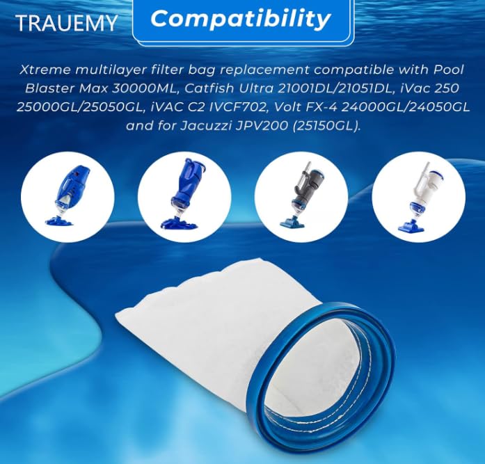 X-treme Multilayer Filter Bag,Sand & Silt Filter Bag, Compatible with Pool Blaster Max, Catfish Ultra, iVac 250, iVAC C2, Volt FX-4 and Jacuzzi JPV200 Handheld Pool Vacuums