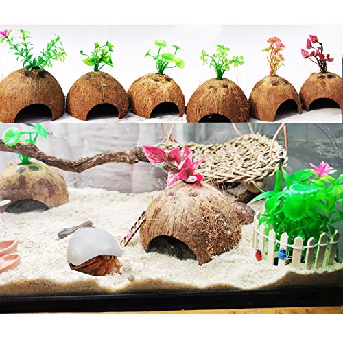 SINKOO Hermit Crab Shells Natural Coconut Shell Hut Artificial Plants 19 PCS Decoration Supplies House Tank