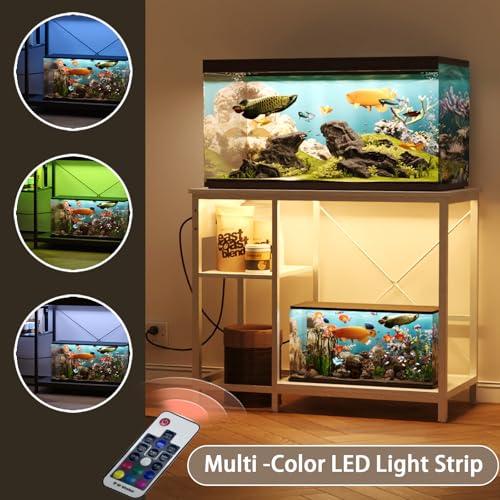 BEURUKU 40-50 Gallon Fish Tank Stand With Power Outlet & LED Light, Metal Aquarium Stand, 3 Tier Adjustable Storage Shelves for Reptile, Turtle, 36" L*18.5" W, White - color: White, size: 40-50 Gallon