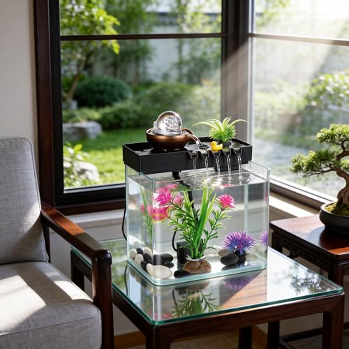 Indoor Water Fountain, 5-in-1 Tabletop Waterfall with Fish Tank & Mist Spray Humidifier, Desktop Fountain for Office Decor, Relaxing Small Water Feature for Bedroom Living Room Home