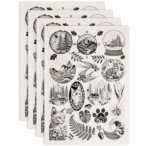 SUPERDANT 4PCS Mountain Scenery Underglaze Paper Transfer Cat Animal Transfer Paper for Clay Ceramic Porcelain Under Glaze Transfers for Pottery Enamel Decals Black Underglaze Decal Papers - style: Natural Element