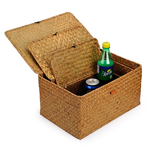 Woven Wicker Storage Bins with Lid, Seagrass Basket for Shelf Organizer, Extra Large, Set of 3 - size: Set of 3 (S+M+L)