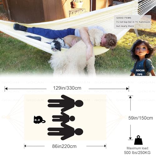 GOCAN Brazilian Double Hammock 2 Person 330X150cm Load 500Pound Cotton Hammock for Patio Porch Garden Backyard Lounging Outdoor and Indoor (Beige) - color: Beige
