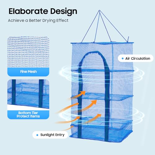 YIYIBYUS 4-Layer Drying Net Holder, Folding Fish Drying Net Mesh Hanging Food Drying Rack with Zipper