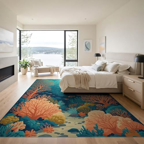 9'x12' Washable Contemporary Fish Oversized Rug, Teal Non-Shedding Pet Friendly Carpet Foldable Easy Care Mat for Master Suite, California King, Under Bed | Ref:1993995 - color: Blue/Pattern 42, size: 9' x 12' (Rectangular)