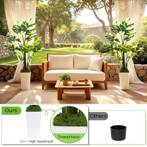UPBUD Artificial Monstera Deliciosa Plant, 5FT Fake Tropical Monstera Tree with White Planter & 12 Lifelike Leaves, 60in Tall Faux Floor Plants Fake Trees for Indoor Office Home Living Room Decor - color: White Leaves White Planter