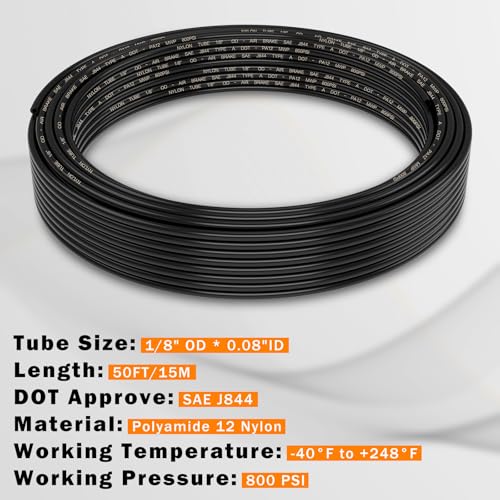 CheeMuii 1/8 DOT Air Line 50 FT 1/8" PA12 Nylon Pneumatic Tubing 15.2 Meter 1/8 Inch OD Pneumatic Air Tubing Pipe Hose Line for Semi Truck Trailer or Industrial Air System - color: Black, size: 1/8"OD-50FT
