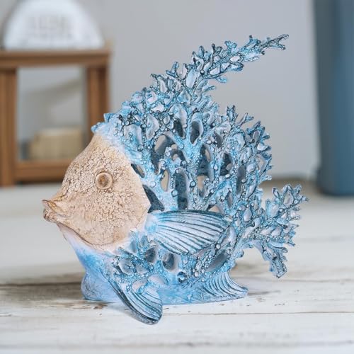 7.28'' Ocean Coral Fish Sculpture – Resin Coastal Fish Figurine with Coral Backdrop, Ocean Blue & Sandy Beige Finish – Nautical Tabletop Accent for Living Room, Beach House & Bathroom Decor - color: Coastal Blue, size: Small