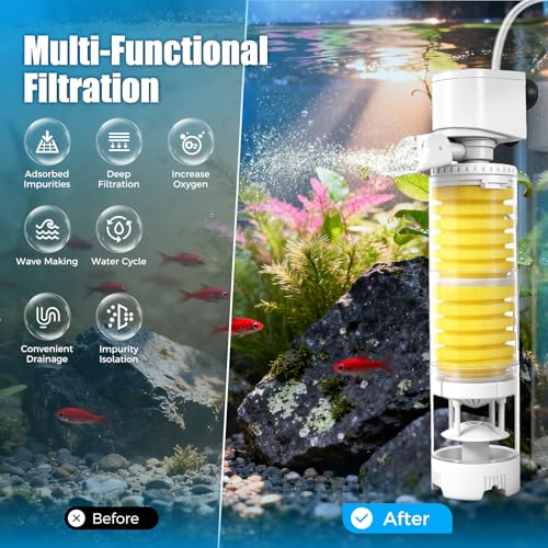 Vehipa Fish Tank Filters, 4-in-1 Aquarium Filter for Multi-Layer Filtration, Adjustable Oxygenation & Wavemaker, Ultra-Quiet Water Circulation for 40-70 Gallon Aquariums, 225GPH - size: Circular: For 40-70 Gal