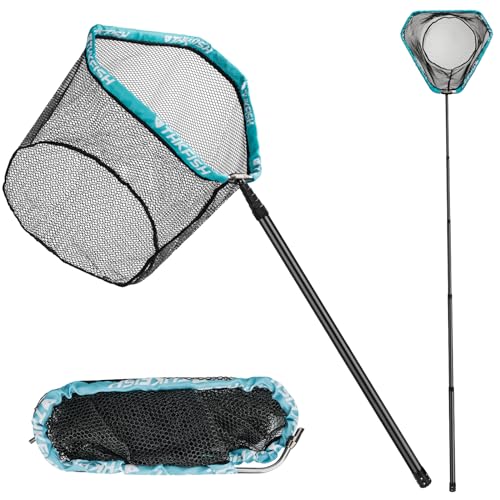 THKFISH Folding Aluminum Fishing Landing Net with Extra Long Telescoping Pole Handle,Extend to 82-157 Inches (98” Telescopic Handle/17.7” Hoop Size), Blcak