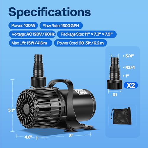 VIVOHOME Electric 100W 1600GPH Submersible Water Pump for Koi Pond Pool Waterfall Fountains Fish Tank and Aquarium - size: 1600GPH