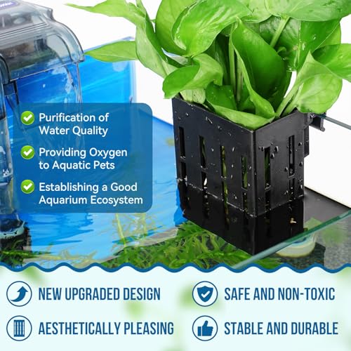 Upgraded Large Aquarium Plant Holder with Hooks and Suction Cups for Fish Tank Aquaponic Plant Cultivation and Aquascape Decorations (Black) - color: Upgraded Black-2 Pieces