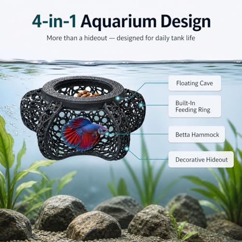 Aquarium Hideout Decor House, Fish Tank Ornament for Small Fish & Shrimp, Floating Cave Decoration for Aquariums(Black)