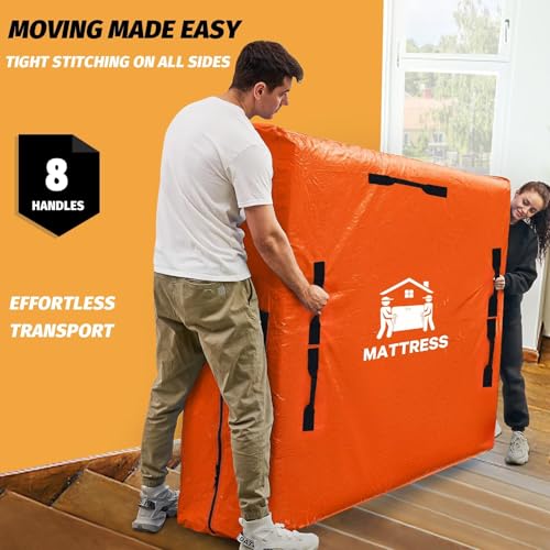 Mattress Bags for Moving, BETU Mattress Protector Waterproof Mattress Cover Queen Size Storage Bags with 8 Heavy-Duty Handles and Zipper for Bed Extra Thick Large Reusable (82"x62"x15" Orange) - color: Orange, size: Queen 1 Pack (82"x 62"x15")