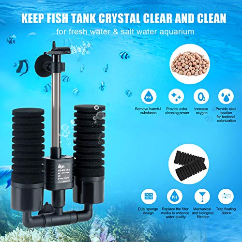 AQQA Aquarium Sponge Filter, Power Driven Double Biochemical Water Filter, Quiet Submersible Foam Filter with 2 Extra Sponges, 1 Bag of Filtered Ceramic Balls for Fresh and Salt Water Fish Tank (S) - size: Small