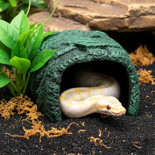Cididu Reptile Hide Rock Cave, Resin Habitat Hidden for Terrarium and Aquarium Decor, Green Hideout Hide Cave Fit for Bearded Dragons, Lizards, Snakes, Geckos, Tortoises, Small Animals, Amphibians