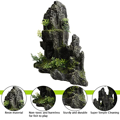 11 Inch Large Aquarium Decor, Tall Resin Mountain Rock Cave with Plants for Natural Aquascape – Realistic Fish Tank Decorations & Hiding Place for Betta, Shrimp, Cichlids