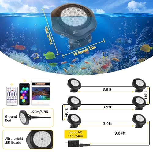 T-SUN Colored Pond Lights with APP and Remote Control – Bright LED Underwater Submersible Fountain Lights, IP68 Waterproof Landscape Spotlight for Garden Koi Pond Aquarium Fish Tank (Set of 6) - size: Set of 6