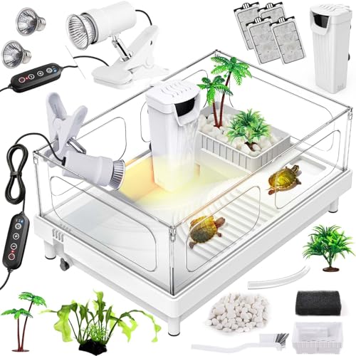 MoonOrange Small Turtle Tank Kit(Tank+Light+Filter), Acrylic Turtle Tank Starter Kit with Bask Platform, Bottom Drain, Multi-Function Area for Small Reptiles.(White) - color: White