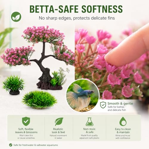 Cabilock Pink Cherry Blossom Aquarium Decor, 12.2 Inch Artificial Sakura Tree Fish Tank Plant with Stable Base, Realistic Plastic Aquarium Ornament for Betta, Goldfish, Turtle Tank Accessories, 4PCS