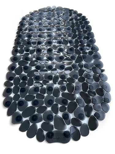 “Pebbles” Non-Slip Bathtub & Shower Mat 27”x14” Oval - Non-Toxic - Safe, Clean, Machine-Washable, Superior Grip & Drainage, Vinyl, for Smooth Floors ONLY, Transparent Black - color: Transparent Black, size: 27" x 14" (Oval)
