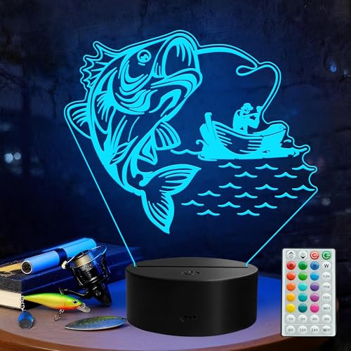 Fishing Night Light, Fishing Gifts, 3D Illusion Lamp with Remote Control, 16 RGB Colors, 4 Flashing Modes, Timer, Dimmable, Men Boy Room Decoration for Father's Day Holiday Birthday Christmas - color: Color 5