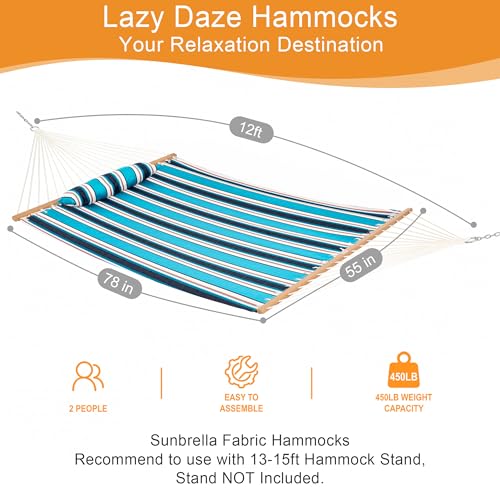 Lazy Daze Hammocks 12 FT Sunbrella Fabric Hammock Non-Fading with Spreader Bars and Free Pillow Fits for 2 Persons, All Weather and Fade Resistant for Patio Yard, 450 lbs Capacity, Token Surfside - color: Token Surfside