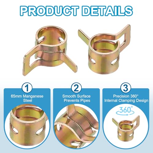 PATIKIL Spring Band Hose Pipe Clamps for 7-8.2 mm OD Hose, 30 Pack Silicone Vacuum Constant Tension Band Clips for Fuel Line Silicone Air Hose Tube Water Pipe, Gold - size: 7-8.2 mm