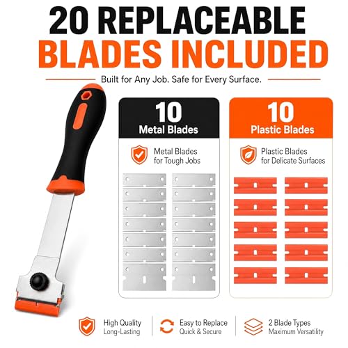 Razor Blade Scraper, Long Handle Scraper Tool with 10 Plastic and 10 Metal Blades - Ideal for Removing Labels, Stickers, Appliance Grease, and More from Windshields, Tint, and Glass (Orange) - color: Orange