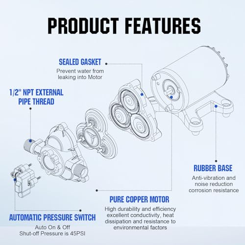 ECO-WORTHY RV Fresh Water Pump 12V DC 3.5GPM 45PSI with Pressure Switch, 12Volt Self Priming Water Pressure Diaphragm Pump On demand for RV Yacht Camper Sprayer Food Truck Black - size: 3.5GPM-45PSI-12V-Standard Package
