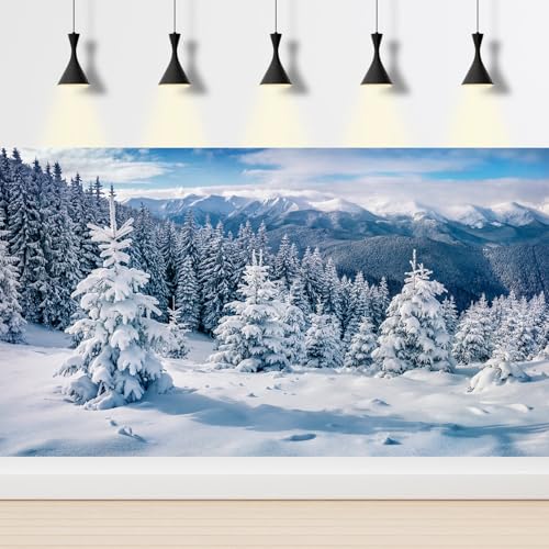 Winter Snow Aquarium Background Splendid Snow Capped Mountain Forest Fish Tank Background Snowy Frosty Fir Trees Valley Landscape Terrarium Backgrounds White Wonderland Tank Backgrounds 24x12in - color: Grey_Light Blue, size: 24(W)x12(H)inches/ 60(W)*30cm